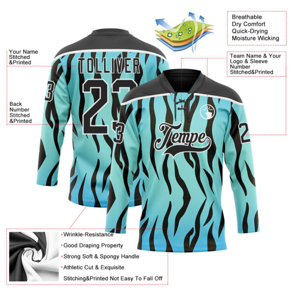 Custom Blue Black-White Tiger Print Hockey Lace Neck Jersey