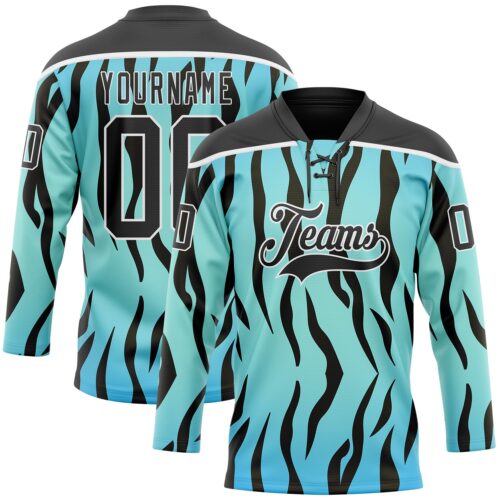 Custom Blue Black-White Tiger Print Hockey Lace Neck Jersey