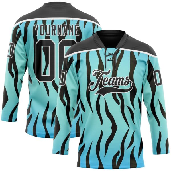Custom Blue Black-White Tiger Print Hockey Lace Neck Jersey