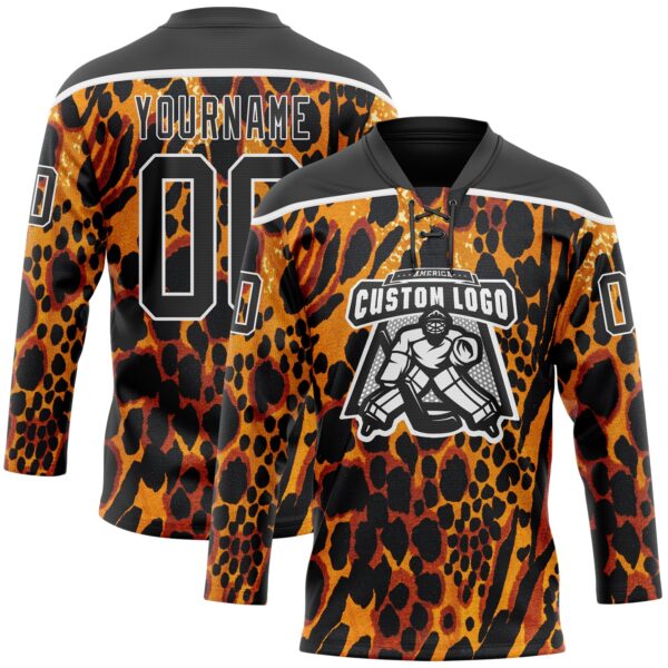 Custom Orange Black-White Leopard Print Hockey Lace Neck Jersey