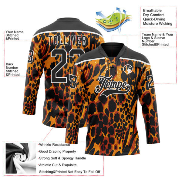 Custom Orange Black-White Leopard Print Hockey Lace Neck Jersey