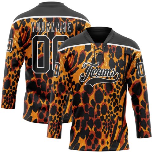 Custom Orange Black-White Leopard Print Hockey Lace Neck Jersey