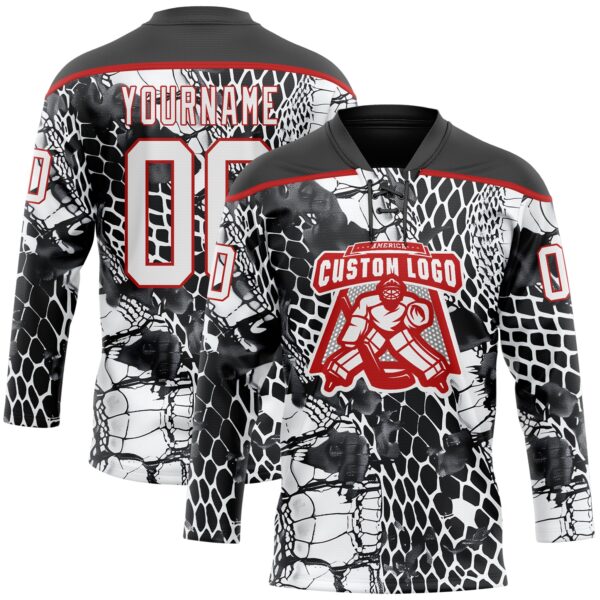Custom Black White-Red Snake Skin Print Hockey Lace Neck Jersey
