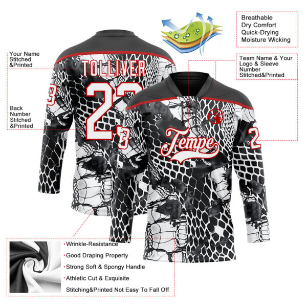 Custom Black White-Red Snake Skin Print Hockey Lace Neck Jersey