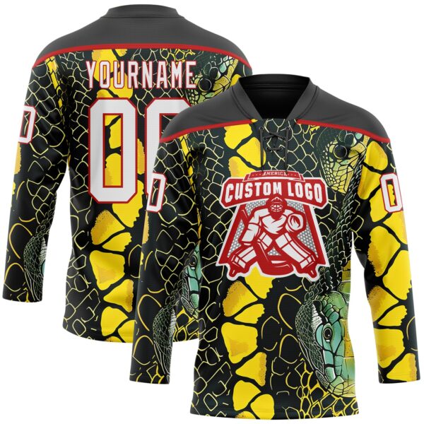 Custom Black White Yellow-Red Snake Skin Print Hockey Lace Neck Jersey