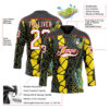 Custom Black White Yellow-Red Snake Skin Print Hockey Lace Neck Jersey