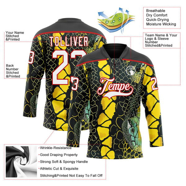 Custom Black White Yellow-Red Snake Skin Print Hockey Lace Neck Jersey
