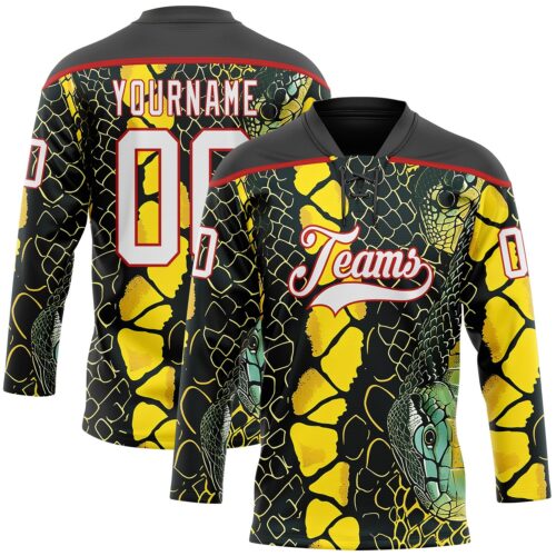 Custom Black White Yellow-Red Snake Skin Print Hockey Lace Neck Jersey