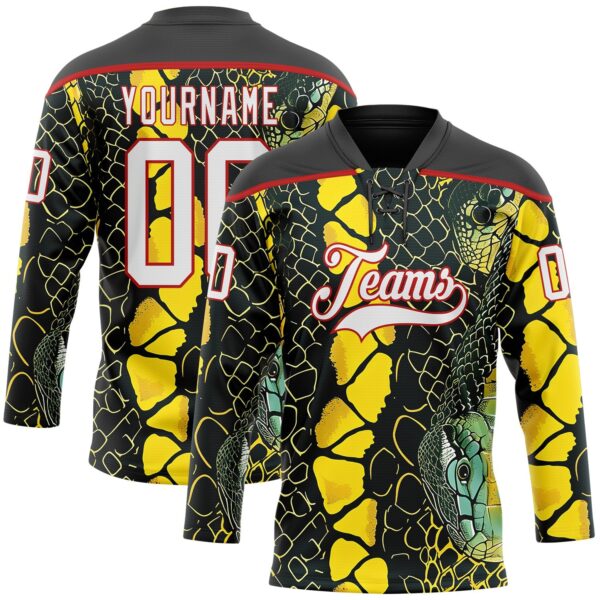 Custom Black White Yellow-Red Snake Skin Print Hockey Lace Neck Jersey