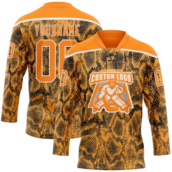 Custom Bay Orange Black-White Snake Skin Print Hockey Lace Neck Jersey