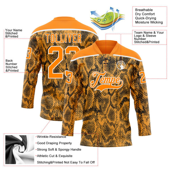 Custom Bay Orange Black-White Snake Skin Print Hockey Lace Neck Jersey