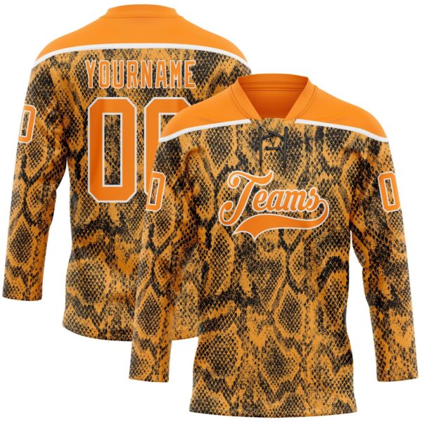 Custom Bay Orange Black-White Snake Skin Print Hockey Lace Neck Jersey