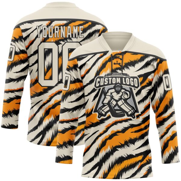 Custom Cream Orange-Black Tiger Stripes Print Hockey Lace Neck Jersey