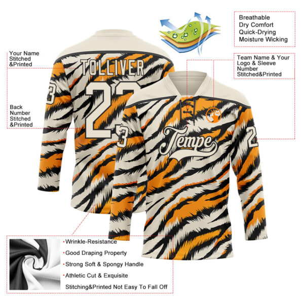 Custom Cream Orange-Black Tiger Stripes Print Hockey Lace Neck Jersey