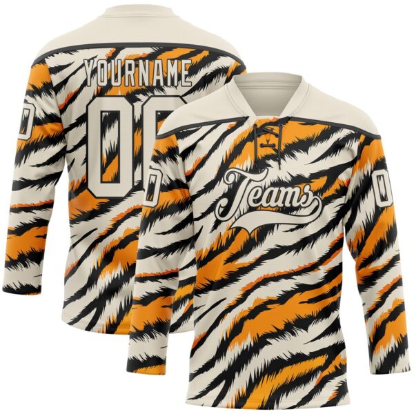 Custom Cream Orange-Black Tiger Stripes Print Hockey Lace Neck Jersey