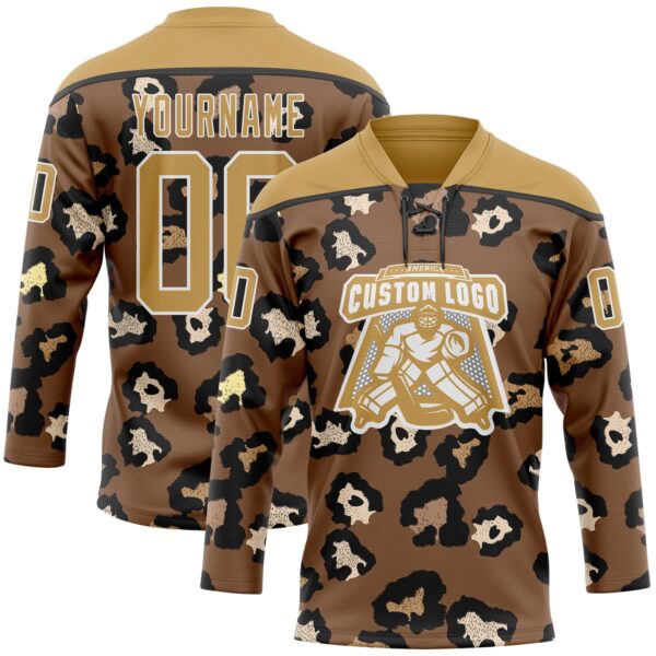 Custom Brown Old Gold Black-White Leopard Print Hockey Lace Neck Jersey