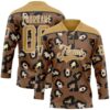 Custom Brown Old Gold Black-White Leopard Print Hockey Lace Neck Jersey