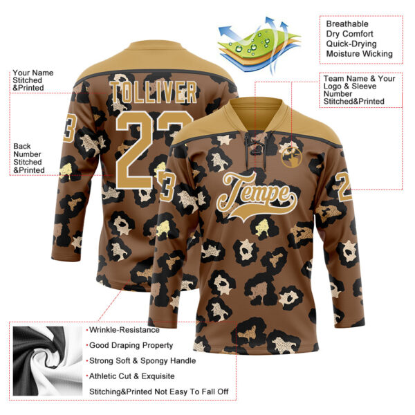 Custom Brown Old Gold Black-White Leopard Print Hockey Lace Neck Jersey