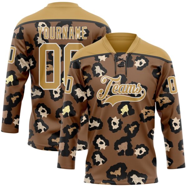 Custom Brown Old Gold Black-White Leopard Print Hockey Lace Neck Jersey