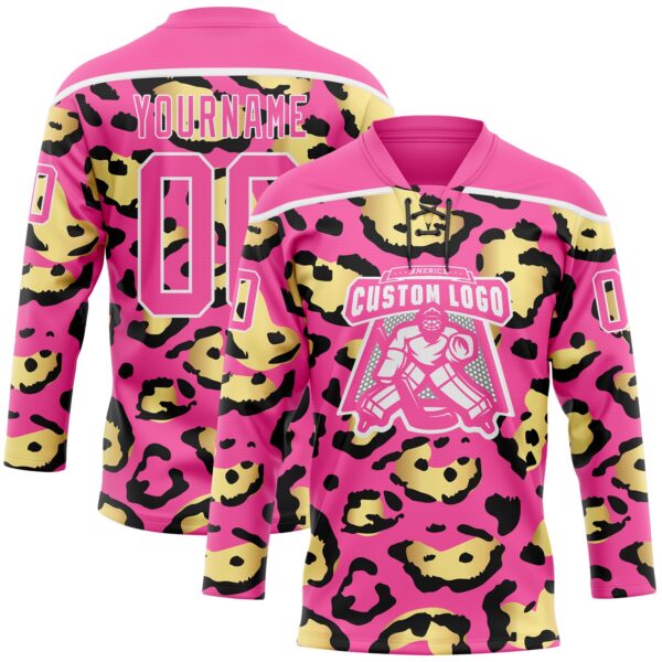 Custom Pink Yellow Black-White Leopard Print Hockey Lace Neck Jersey