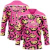 Custom Pink Yellow Black-White Leopard Print Hockey Lace Neck Jersey