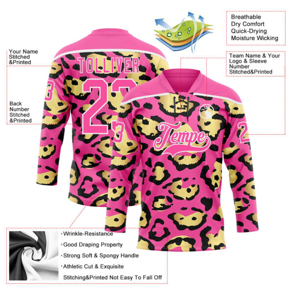 Custom Pink Yellow Black-White Leopard Print Hockey Lace Neck Jersey