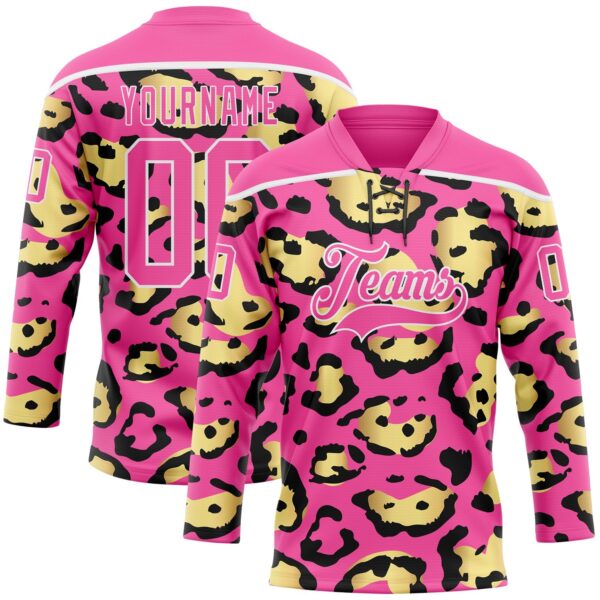 Custom Pink Yellow Black-White Leopard Print Hockey Lace Neck Jersey