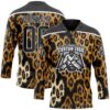 Custom Black Brown Cream-White Leopard Print Hockey Lace Neck Jersey