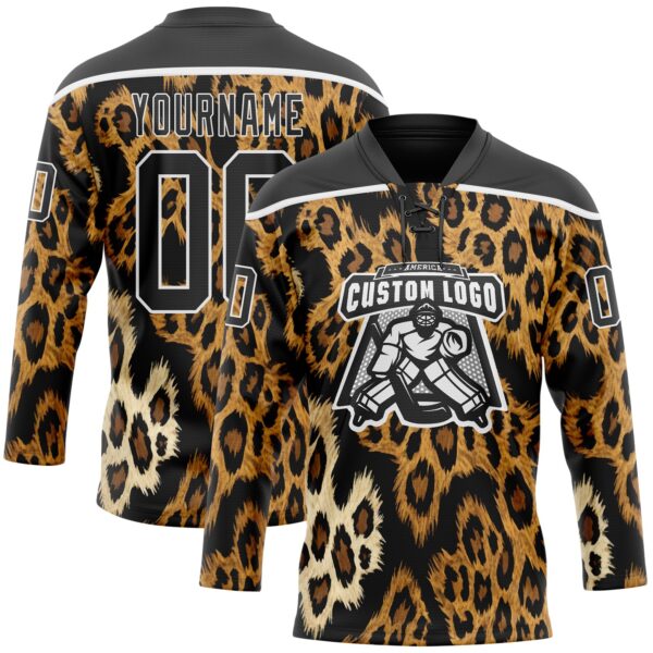 Custom Black Brown Cream-White Leopard Print Hockey Lace Neck Jersey
