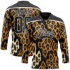 Custom Black Brown Cream-White Leopard Print Hockey Lace Neck Jersey