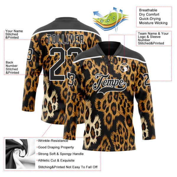 Custom Black Brown Cream-White Leopard Print Hockey Lace Neck Jersey