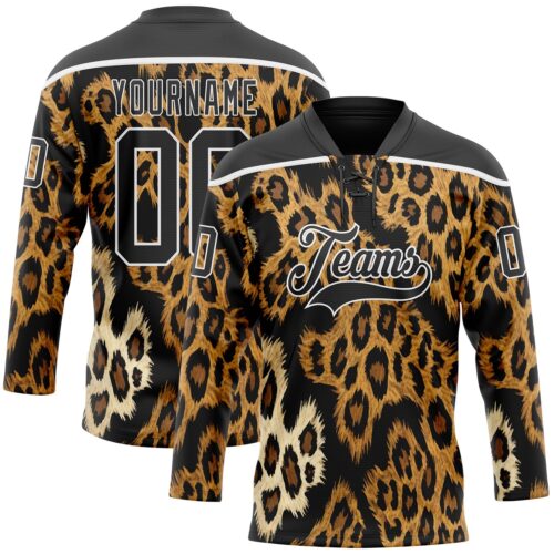 Custom Black Brown Cream-White Leopard Print Hockey Lace Neck Jersey