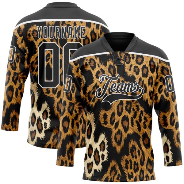 Custom Black Brown Cream-White Leopard Print Hockey Lace Neck Jersey