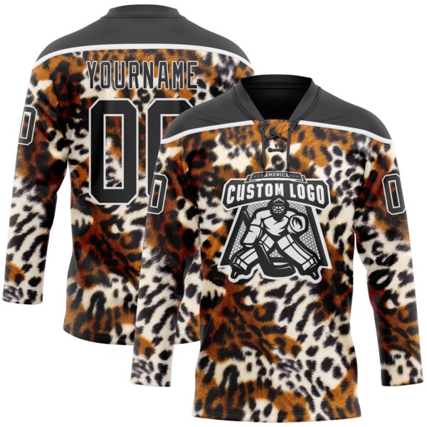 Custom Black Brown Cream-White Leopard Print Hockey Lace Neck Jersey