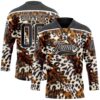 Custom Black Brown Cream-White Leopard Print Hockey Lace Neck Jersey