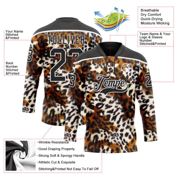 Custom Black Brown Cream-White Leopard Print Hockey Lace Neck Jersey
