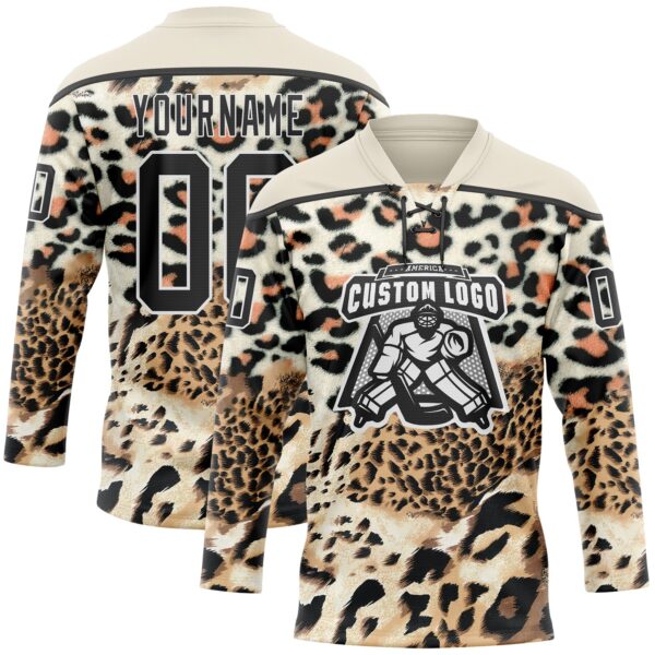 Custom Cream Black Brown-White Leopard Print Hockey Lace Neck Jersey