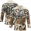 Custom Cream Black Brown-White Leopard Print Hockey Lace Neck Jersey