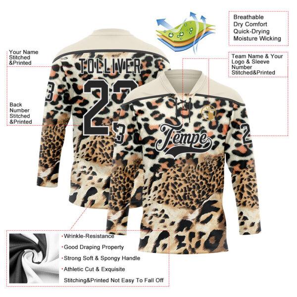 Custom Cream Black Brown-White Leopard Print Hockey Lace Neck Jersey