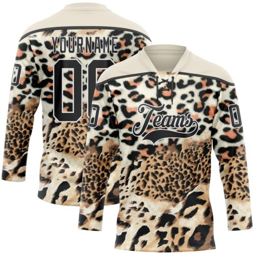 Custom Cream Black Brown-White Leopard Print Hockey Lace Neck Jersey