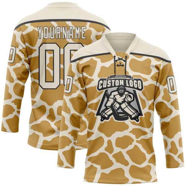 Custom Cream Old Gold-Black Giraffe Print Hockey Lace Neck Jersey