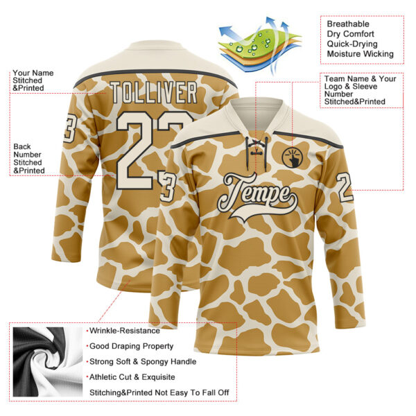 Custom Cream Old Gold-Black Giraffe Print Hockey Lace Neck Jersey