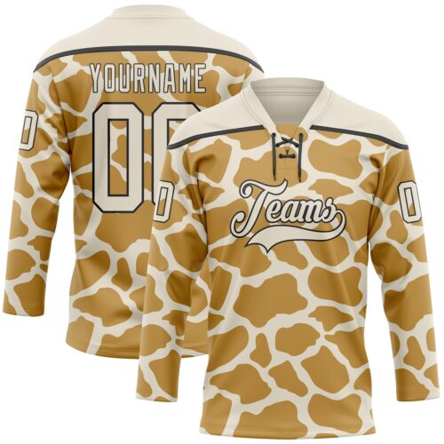 Custom Cream Old Gold-Black Giraffe Print Hockey Lace Neck Jersey