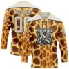 Custom Yellow Cream Brown-Black Giraffe Print Hockey Lace Neck Jersey