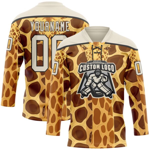 Custom Yellow Cream Brown-Black Giraffe Print Hockey Lace Neck Jersey