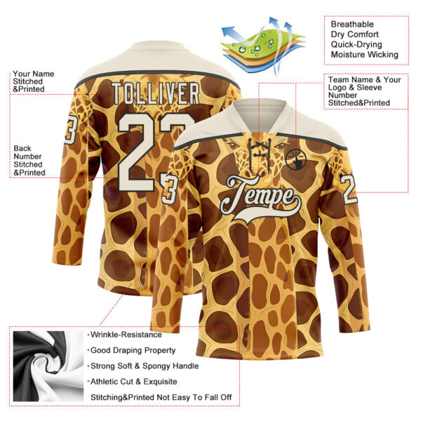 Custom Yellow Cream Brown-Black Giraffe Print Hockey Lace Neck Jersey