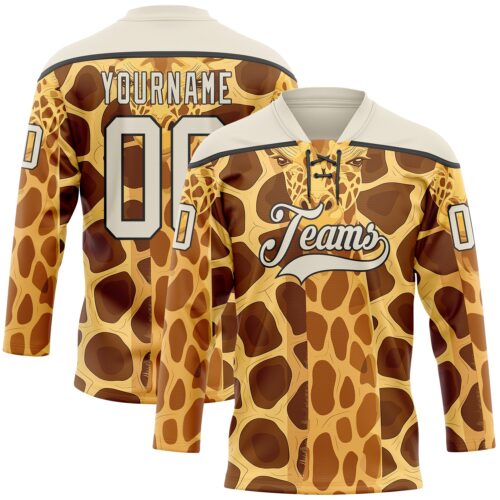 3DPattern11976 Custom Yellow Cream Brown-Black Giraffe Print Hockey Lace Neck Jersey
