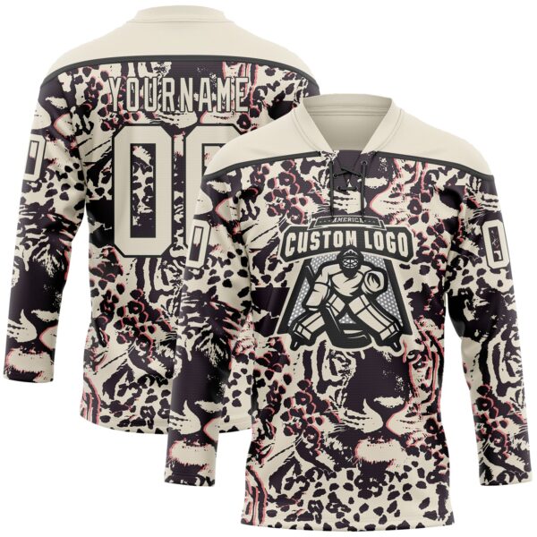 Custom Cream Black-Pink Tiger Print Hockey Lace Neck Jersey