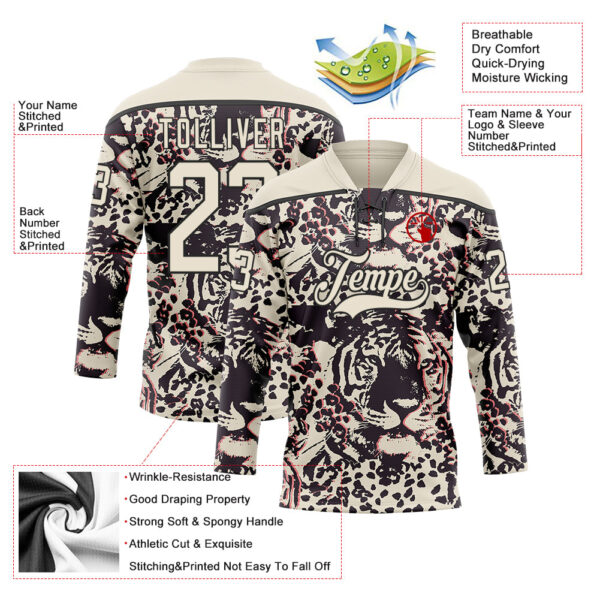 Custom Cream Black-Pink Tiger Print Hockey Lace Neck Jersey