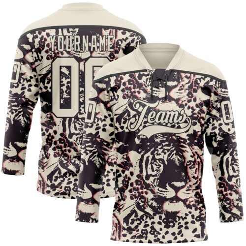 Custom Cream Black-Pink Tiger Print Hockey Lace Neck Jersey